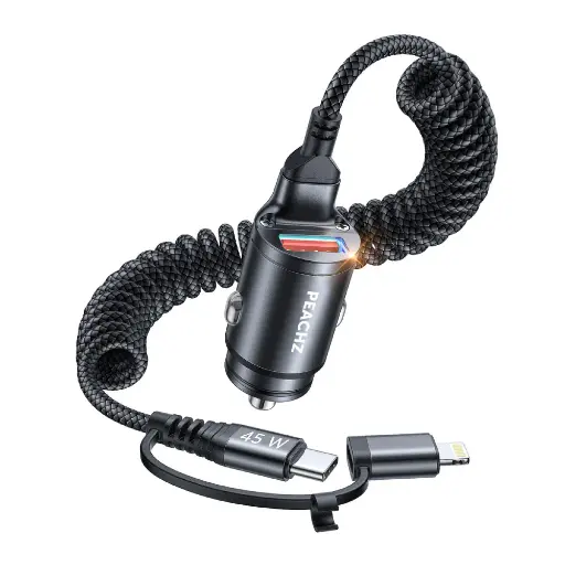 45W Coiled Dual USB-C / Lightning Car Charger